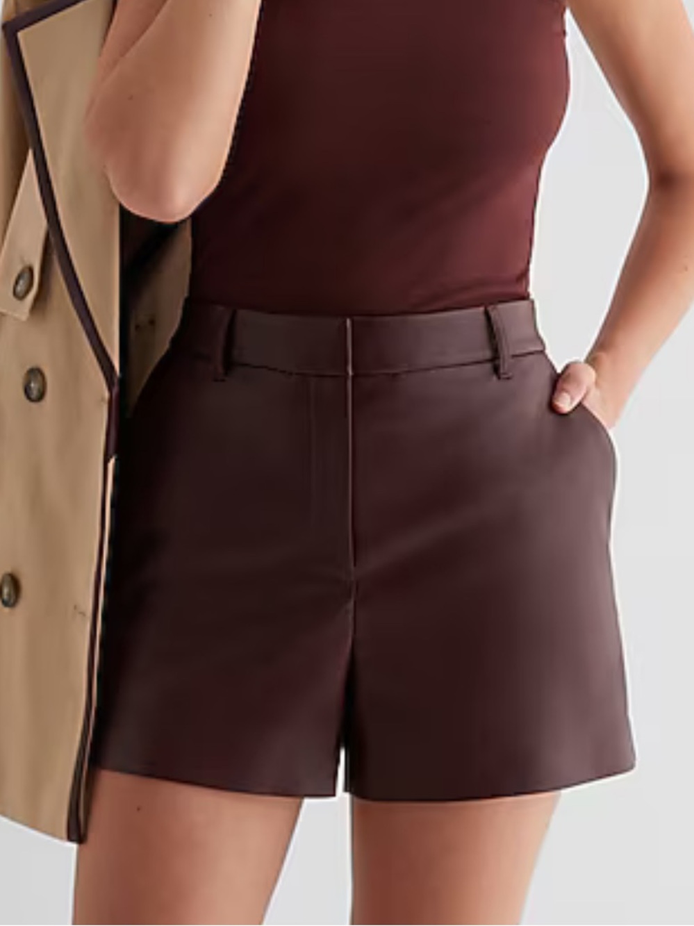 Express Brown Editor High Waisted Faux Leather Shorts Size 6 - Picture 5 of 12